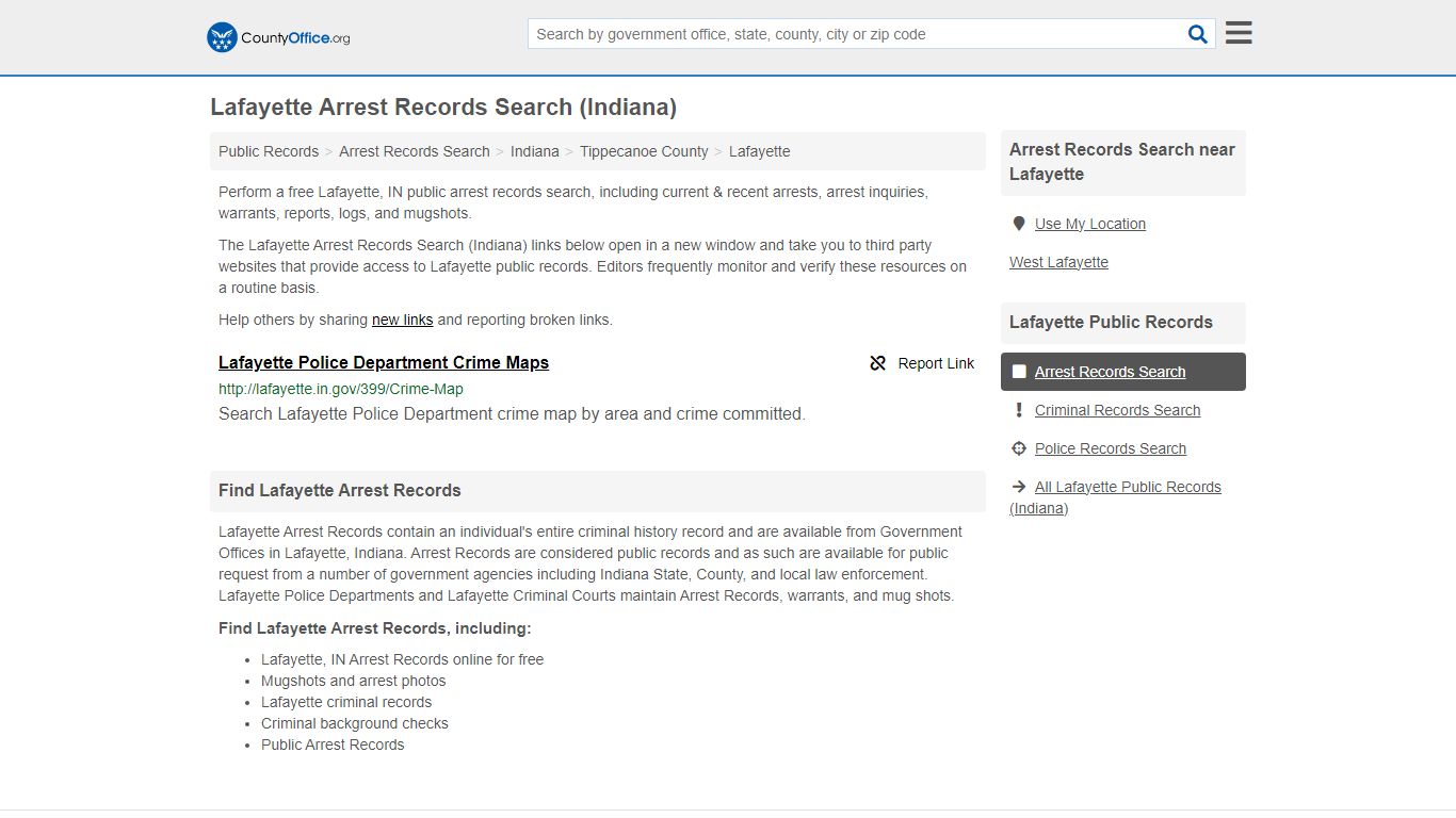 Lafayette Arrest Records Search (Indiana) - County Office